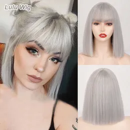 Synthetic Wigs Short Silver Gray Bob with Bangs Straight for Women Cosplay Daily Party Red blackpink Wig 230425