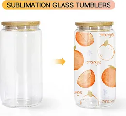 US STOCK Sublimation 16oz glass can with bamboo lid reusable straw beer Can Transparent frosted Glass Tumbler Soda Water Bottles