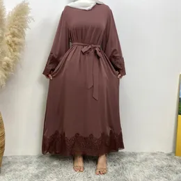 민족 의류 Eid Mubarak Abaya 패션 여성을위한 무슬림 레이스 긴 소매 맥시 드레스 터키 카프탄 파티 아랍어 이슬람 로브 Jalabiya