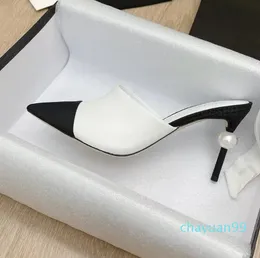 heels for women pearl heels mules Heels pointed toe pumps slingback pump real leather cap toe black white beige wedding party formal shoes