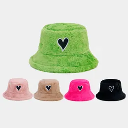 Retro Simple Bucket Hats Women Fashion Heart Patch Embroidery Fisherman Hat Travel Beach Panama Cap Autumn Winter Wool Warm Cap