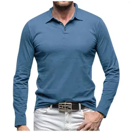 Camisas masculinas lapela camiseta outono e inverno sólido manga longa camisa polo algodão fino ajuste topo camisa para hombres