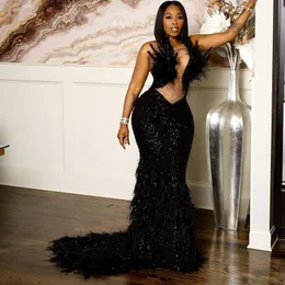 2023 Aso ebi Black Fudious Feather Mermaid Prom Volts Lace Evening Birthday Party Second Dresses African African Nigeria Vrict Ongling ST293