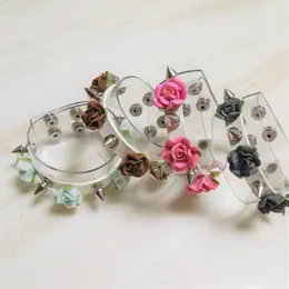 Bangle Women Girl Sexy Lolita Fashion Harajuku Handmade Leather Rock Punk Rivets Spikes Ceramic Flower Bracelet Wrist Belt