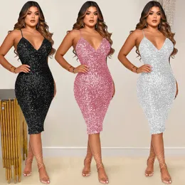 New Arrival Solid Sequin Spaghetti Strap Sexy Celebrity Party Midi Dress Vestidos Sexy Cocktail Wedding Evening Dress