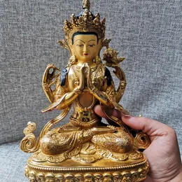 Декоративные статуэтки Специальное предложение # Буддизм Тибет ДОМ Семья Позолоченная медь Четырехрукий Авалокитешвара Статуя Будды ГУАНЬ ИНЬ Безопасно для здоровья