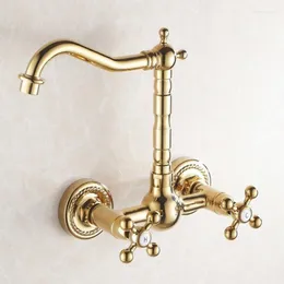 Kitchen Faucets Golden Brass Wall Mounted Swivel Spout & Bathroom Bath Tub Faucet Cold Mixer Taps Two Cross Handles Agf018