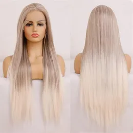 Ombre Blonde Long Silky Straight Lace Front Highlight Capelli sintetici per le donne Attaccatura dei capelli naturale Abbigliamento quotidiano