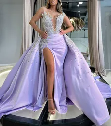Exquisite Mermaid Prom Dresses Sleeveless V Neck Appliques Sequins Beaded Floor Length 3D Lace Satin Diamonds Slit Evening Dress Bridal Gowns Plus Size Custom Made
