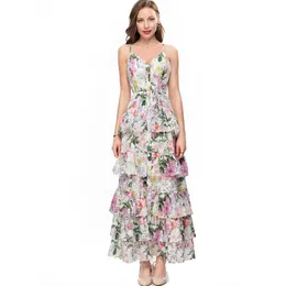 Женские платья по взлетно -посадочной полосе спагетти ремни печатают цветочные многоуровневые оборки модные отпуск vestidos