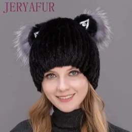 Caps Hats JERYAFUR Winter Women's Mink Hat Vertical Weaving Genuine Natural Fur Cap Lovely Cat Ears Style 231124