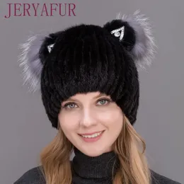 Caps Hüte JERYAFUR Winter Damen Nerz Hut Vertikale Weberei Echte Natürliche Pelzmütze Schöne Katzenohren Stil 231124