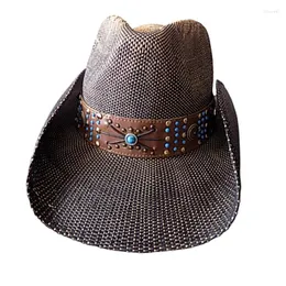 Beralar Vintage Brown Western Kovboy Şapkası Klasik Mücevher Kabartmalı Açık Sunhat Çevre Dostu Malzeme Butik