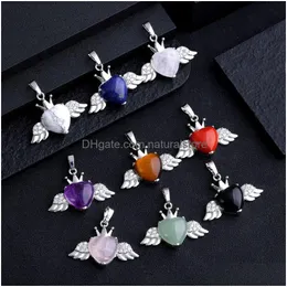 Charms Natural Stone Heart Wing Pendant For Women Rose Quartz Amethyst Tiger Eye Charms Jewelry Making Necklaces Wholesale Drop Delive Dhxw1