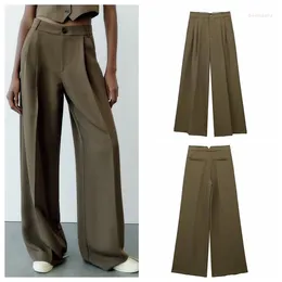 Pantalones de mujer 2023 bolsillo lateral plisado con botones forrados con cremallera y crochets de metal para cerrar cintura alta
