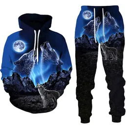 Män och kvinnor 3D -tryckt skog Wolf Style Casual Clothing Wolf Fashion Sweatshirt Hoodies and Trousers tränar 009