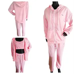 Women Three piece Sports Set Fitness Running Leisure Fall Hooded Long Sleeve Coat Pants Suit