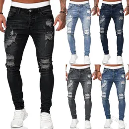 Men's Skinny jeans Casual Biker Jeans Denim Knee Holes Distressed Scratched Bleached hiphop Ripped Pants Washed Middle Weight Pencil Pants
