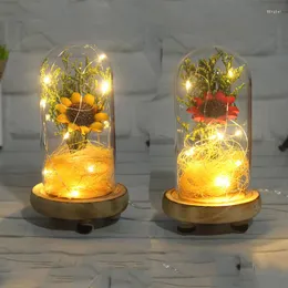 Dekorativa blommor Solrosbukett torkad i glasskupol med baslandskap varmt ljus sängklädeslampa för alla hjärtans dag
