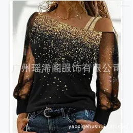 Women's T Shirts See Through Sequins Sparkly Tee Print T-shirt Off Shoulder Long Sleeve Party Pullover Tops Slim Black Sexy Top