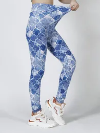 Kvinnors leggings ygyeeg High Wasit Workout Pencil Pants Push Up Sports Yoga Tights Gradient Blue Flower Design Women Klädertryck