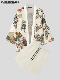 Herren Trainingsanzüge Drucksets Retro Halbarm Hemd mit offenem Stich Kimono Shorts Zwei Stücke Streetwear Baumwolle Freizeitanzüge INCERUN 7 230425