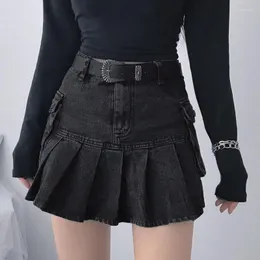Skirts Gothic Punk Black Denim Mini Skirt Women Grunge High Waisted Pocket Patchwork A-line Jean Pleated Emo E Girl Streetwear