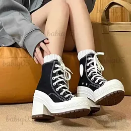 Dress Shoes Retro High Top Canvas Shoes Chunky Heel Platform Small White Shoes Casual Round Head Lace-Up Pumps 2023 Autumn Brand Women Shoes T231125
