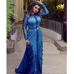 Caftan blau marokkanisch formelle Abendkleider mit d floralen Spitzen Applikationen Langarmes bodenlange arabische Kaftan Frauen Promi -Promkleider