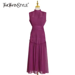 Two Piece Dress TWOTWINSTYLE Vintage Ruched For Women Stand Collar Sleeveless High Waist Chiffon Midi es Female Fashion 23425