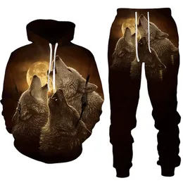 Män och kvinnor 3D -tryckt skog Wolf Style Casual Clothing Wolf Fashion Sweatshirt Hoodies and Trousers tränar 001