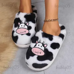 Pantofole Cute Cartoon Milk Cow Pantofole in cotone Donna 2023 Inverno Kai Pantofole in pelliccia soffice Donna Suola morbida Peluche caldo Scarpe da casa per interni T231125