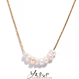 Strängar strängar YHPUP Tarnish Free Natural Pearl Pärlor Chic Exquisite Necklace Thin Chain rostfritt stål Minimalistiska charm krage smycken kvinnor