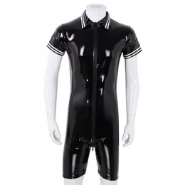 Mäns sexiga kostymer PVC Bright Leather Jumpsuit Sexig bodysuit-spel roligt tätt CatSuit Front 2-vägs blixtlås