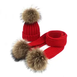 Caps Hats Real Raccoon Fur Pompoms Hat with Scarf for Kids Beanie Winter Warm Knitted Children's Accessories Bonnet Skullies 231124