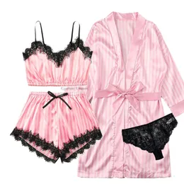 Seksowna piżama różowy w paski piżamowej piżamy PaJams Zestaw piżamy z długimi szatami seksowne sztuczne jedwabne damskie ubranie w domu seksowne i urocze piżama wiosna i lato 230425