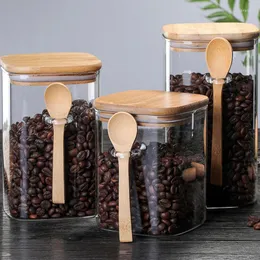 보관 병 사각형 유리 밀봉 용기와 나무 숟가락 조미료 상자 커피 콩 가정용 분유 차