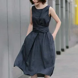 Casual Dresses 2023 Spring Summer Vestidos Women Linen Ramie Elegant Office Sleeveless Tank Sundress Maxi Long Navy Dress S-2XL