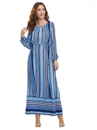 Ethnic Clothing Muslim Party Dress Women Abaya Eid Striped Print 2023 Ramadan Prayer Dresses Elastic Waist Arab Moroccan Woman Kaftan