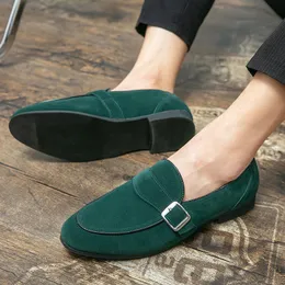 Nya Storbritannien Mens Suede Black Green Suede Monk Strap Wedding Evening Shoes Flats Casual Loafer Dress Sapatos Tenis Masculino