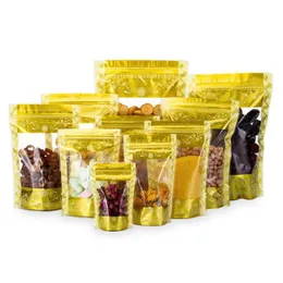 Förpackningspåsar Stand Up Gold Print med Clear Window Plastic Packaging Self Seal dragkedja Matförvaring Puches Party Bag LX4667 Drop Del Dhbre