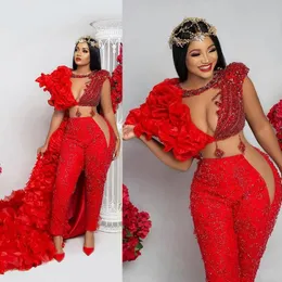 2023 ASO EBI Luxurious Red Prom Jumpsuits GOWNS LACE PEADED Evening Birthday Party Second Reception Dresses Plus Size African Nigeria Dress Engagement Gown St297