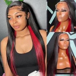 Black Inner Red Long Straight Synthetic Lace Front Trend Color Frontal For Women Daily Wear