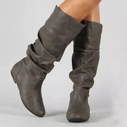 Mulheres joelhos altas 314 Sapatos de inverno de outono Moda feminina dobra dobra dobras de calcanhar de pé redondo dedo botas longas botas de mujer 231124