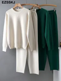 Women's Two Piece Pants EZSSKJ 2 Pieces sweater Set Women Tracksuit oneck Sweater loose Trousers CHIC Pullover Knitted Carrot pants 230426