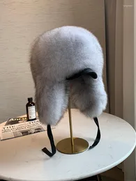 Berets Women's Fur Trapper Hat With Earflap Genuine Silver /Raccoon/Blue /Black Bomber Winter Hats Pompom Fluffy