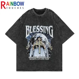 Men's T-Shirts Rainbowtouches Washed T Shirt Vintage Unisex High Street Cross Pattern Oversize Shirts Fashion Mens Graphic Black T-Shirts 230425