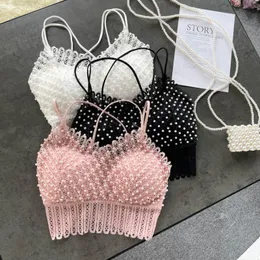 Camisoles Tanks Sommer hohle Spitze Crop Tops sexy Perlen Spaghettiträger Tanke Top schulterfrei ärmellos einfarbige Camis für Frauen 230425