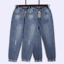 Bottoms rippade jeans för kvinnor hög midja plus storlek dragkammare lös denim harem byxor femme 5xl 6xl 7xl 130 kg