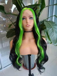 Highlight Green Long Wave Lace Front Black Synthetic Wavy Hair Hand Tied Replacement Daily Wear Cosplay